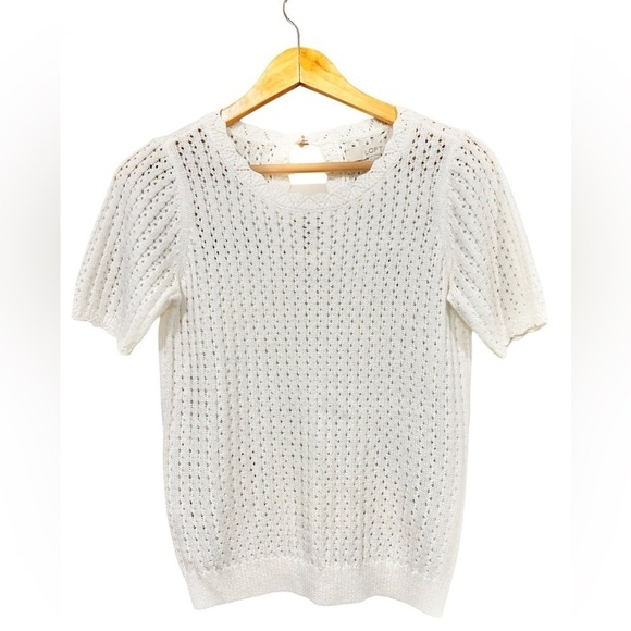 LOFT XS Scalloped Keyhole Back Open Knit Crochet Top Short Sleeved Hippy Boho - Picture 3 of 7